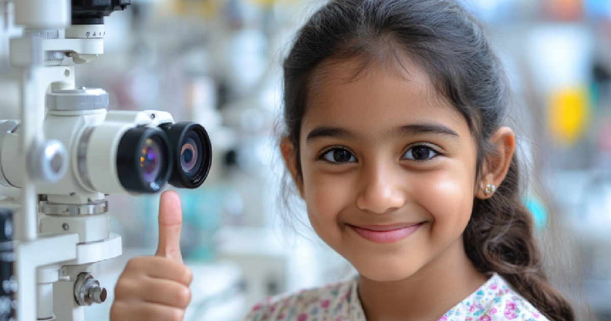 Smiling child giving a thumbs-up after Pediatric Eye Exams in Glenview, IL.