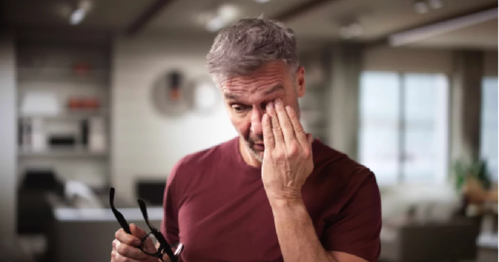 Middle-aged man rubbing his irritated eye while holding eyeglasses, showing symptoms of dry eye discomfort in Glenview, IL