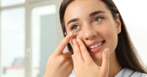 Close-up of a smiling woman inserting a custom contact lens in Glenview, IL, with hands steadying her eyelid and a bright window behind her.